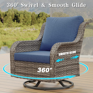 6-Piece PE Wicker Patio Conversation Set with Sofa, 2 Swivel Rocking Chairs, 2 Ottomans & Side Table