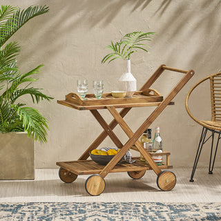 Acacia Wood Rolling Bar Cart With Wheels