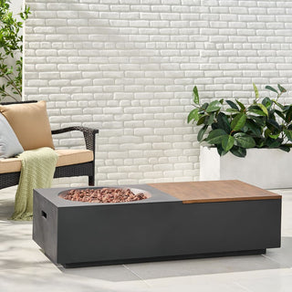 Outdoor 50,000 BTU Lightweight Concrete Rectangular Fire Pit Table with Storage, Dark Gray and Natural Brown (Tank Cover not Included)