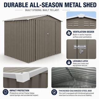 8x6 FT Outdoor Metal Storage Shed, Galvanized Steel Garden Shed with Lockable Double Doors & Vents