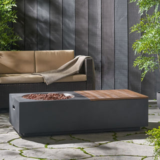 Outdoor 50,000 BTU Lightweight Concrete Rectangular Fire Pit Table with Storage, Dark Gray and Natural Brown (Tank Cover not Included)